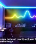 15ft LED Neon Strip Lights With Remote And App Control, 5050 RGB Neon Rope Lights for Bedroom and Living Room displayed on wall