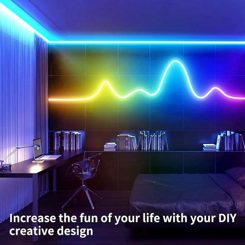 15ft LED Neon Strip Lights With Remote And App Control, 5050 RGB Neon Rope Lights for Bedroom and Living Room displayed on wall