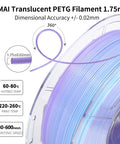 PetG Filament 1.75mm Gradient Translucent Blue to Purple, spool close-up, printing specs, artistic creations, home decor.
