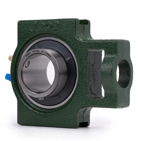 Close-up of 2 Pack UCT208-25 Pillow Block Take-Up Mounted Ball Bearings with 1-9/16 in bore, heavy-duty cast iron with chrome steel bearing.