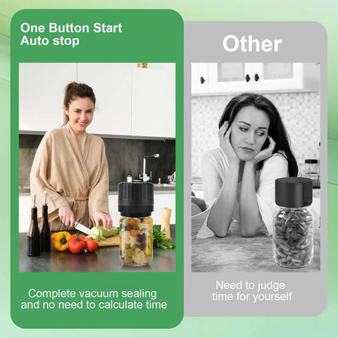 Electric Vacuum Sealer For Mason Jars VP06 Plus No Fuss One Button Jar Sealing System in kitchen with vegetables.