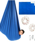 Blue 95 Percent Cotton Sensory Swing For Kids X Large Therapy Swing With Deep Pressure Support For Autism SPD And Anxiety Calming Cozy Swing With 4 Way Stretch Fabric Hardware Included, blue hammock with child, ropes, and hardware