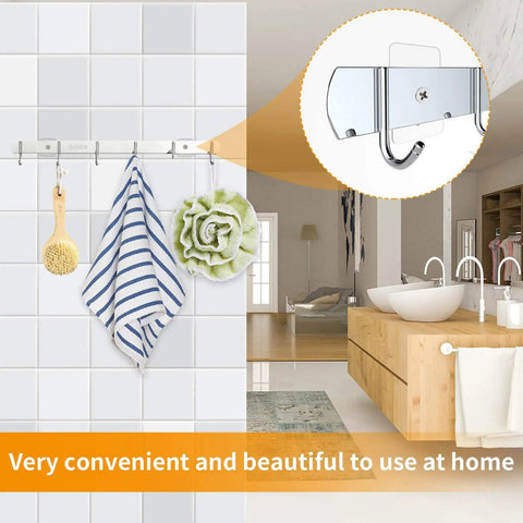 Heavy Grip Self Adhesive Sticky Screws Eight Piece Set Damage Free Wall Mount Hardware With Three Sizes No Drill Lock In Place For Tile Bathroom Kitchen Storage Organization with striped towel and bath items.