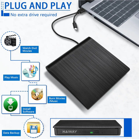 External USB 3.0 Type-C CD DVD Drive for PC and Mac Black Portable Burner connected to a laptop, plug and play