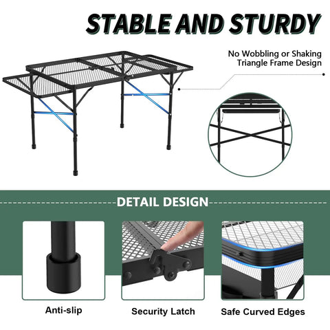 Tool Free Foldable Outdoor Table With Wing Panels And Mesh Desktop 3x2 Ft Picnic Table Height Adjustable and details