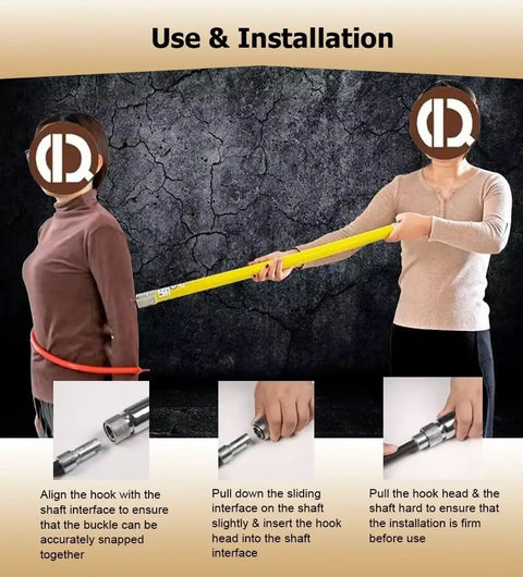 Heavy Duty Extendable High Voltage Insulated Rescue Hook With Telescoping Pole For Electric Failures Anti Electrocution Hotstick Tool In Green 2 Meter Reach Durable Epoxy Fiberglass Construction For Safe Rescues shown in use with installation steps.