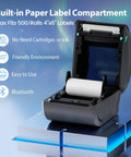 Bluetooth Thermal Shipping Label Printer For 4x6 Rolls And Wide Fan Fold Paper With Spacious Built In Storage Tray showing label compartment open.