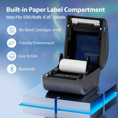 Bluetooth Thermal Shipping Label Printer For 4x6 Rolls And Wide Fan Fold Paper With Spacious Built In Storage Tray showing label compartment open.