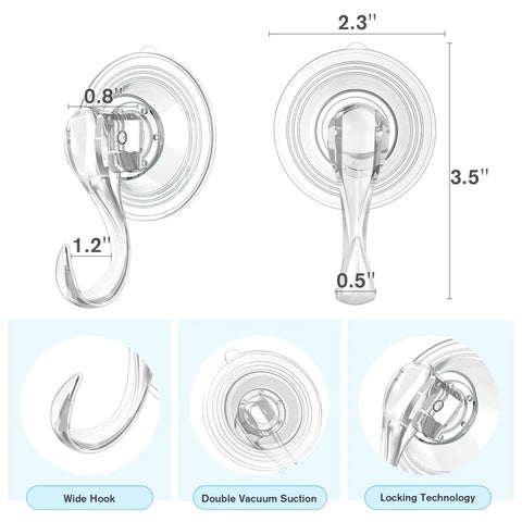 Clear Suction Cup Hooks Set Of 6 For Shower, Small Yet Mighty, Heavy Duty Removable And Reusable, Transparent PET Plastic Hangers with Measurements