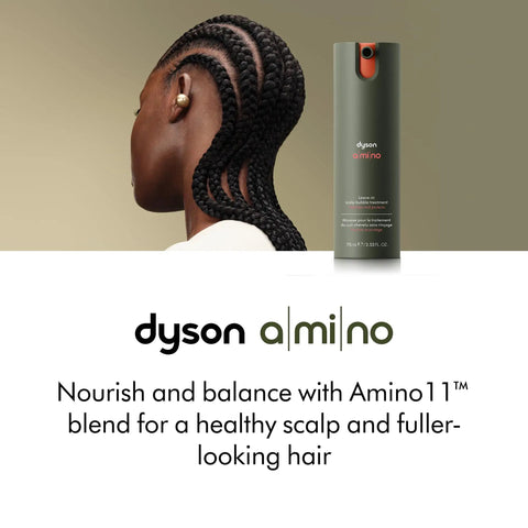 Amino11 Leave-In Scalp Bubble Treatment With Barley Grown On Farms 75mL, beside woman with braided hair.