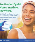 Bruder Hygienic Eyelid Cleansing Wipes, 30-count, blue/white packaging, front view with smiling woman.