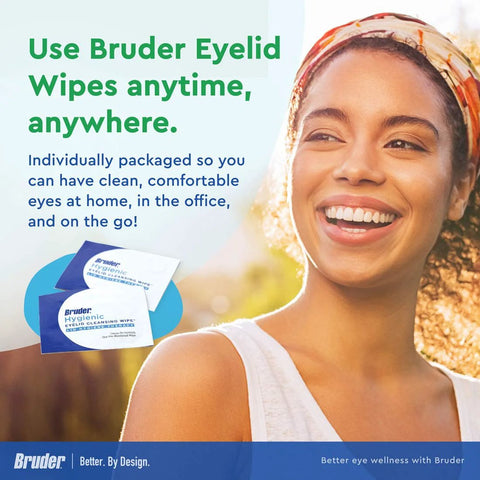 Bruder Hygienic Eyelid Cleansing Wipes, 30-count, blue/white packaging, front view with smiling woman.