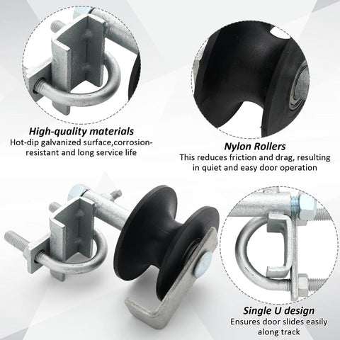2 Pcs Chain Link Nylon Rolling Gate Track Wheel Rollers For Sliding Gates Compatible With 2 Inch Gate Frames And One And Five Eighths Inch Track Pipe With Galvanized Steel Cantilever Hardware, close-up view of nylon roller and galvanized bracket