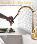 Gold High Arc Kitchen Faucet With Pull Down Sprayer, Single Handle, dual function stream and spray in modern kitchen setting