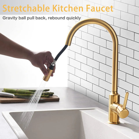 Gold High Arc Kitchen Faucet With Pull Down Sprayer, Single Handle, dual function stream and spray in modern kitchen setting