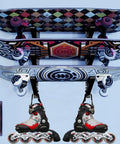 A Badass Skateboard Wall Mount Rack To Keep Your Boards Off The Floor With Adjustable Layers Grabbing Three Decks Securely Killer For Longboards Scooters And Skis Keeping Your Setup Fresh displaying three skateboards and rollerblades.