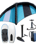 Inflatable Hydrofoil Board and Wing Foil Kit for Water Sports Ready to Ride 141x82 Inch Setup with pump and backpack.