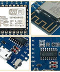 Close-up of Five Pack D1 Mini NodeMCU ESP8266 ESP-12F WiFi Dev Board Bundle For Arduino IDE And WeMos D1 Mini with USB and chip detail.
