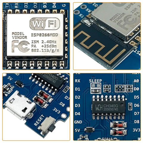 Close-up of Five Pack D1 Mini NodeMCU ESP8266 ESP-12F WiFi Dev Board Bundle For Arduino IDE And WeMos D1 Mini with USB and chip detail.