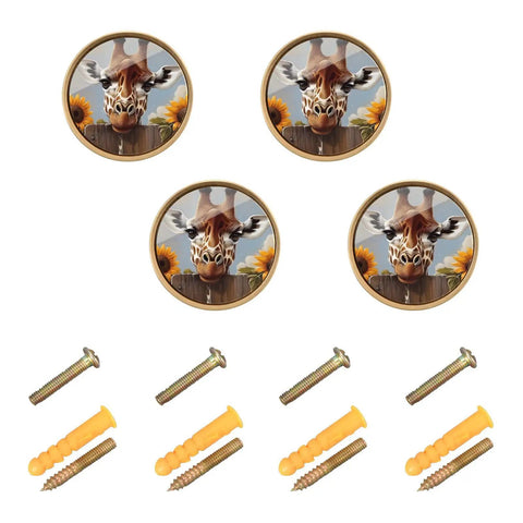 Four Pack Dope Gold Finish Cabinet Knobs Round Pulls For Drawers And Furniture, Scratch-Resistant Giraffe Sunflower Design