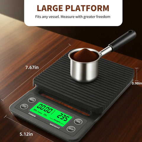 Coffee Scale With Timer 0.1g Precision, 3kg Drip Espresso Scale With LCD Display on a wooden table, portafilter on scale.