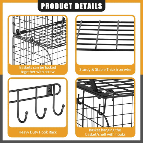 Product details showing Two Pack Wall Mounted Garage Shelves With Wire Baskets And Hooks Heavy Duty Tool Organizer parts