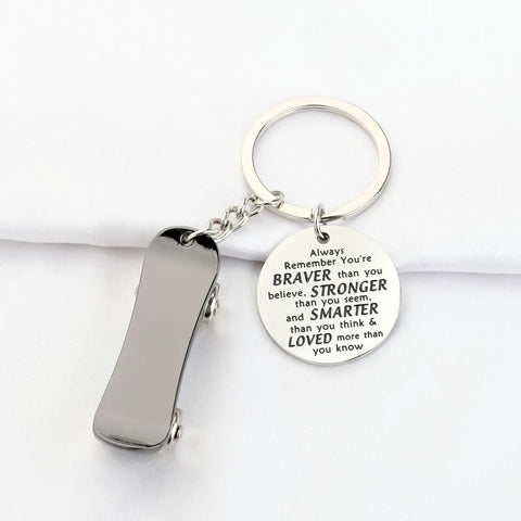 Dope Mini Skateboard Keychain For Skaters And Gift Lovers, Stainless Steel Pendant 1.18 Inches with inspirational quote on card.