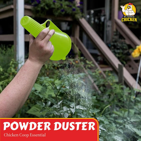 Person using Chicken Powder Duster With Puff Food Grade Dusting Dispenser For Coops And Plants Easy Clean Green Precise Mess Free Application Of Chicken Powder Or Sulfur Powder Ergonomic Poultry Care Tool.