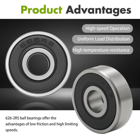 Built Tough 10 Piece 626-2RS Miniature Ball Bearings Pre Lubricated showing double sided seals for high speed operation.