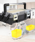 18 Inch Cantilever Tool Box Organizer With Removable Trays Portable Plastic Case shown in kitchen setting, dimensions displayed.
