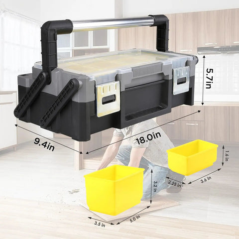 18 Inch Cantilever Tool Box Organizer With Removable Trays Portable Plastic Case shown in kitchen setting, dimensions displayed.