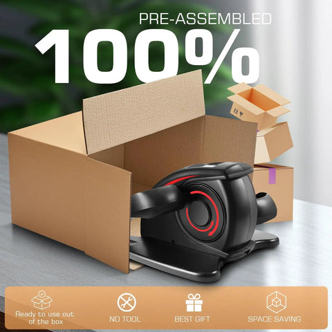Under Desk Elliptical Machine With LCD Display Electric Seated Pedal Exerciser shown pre-assembled in packaging box