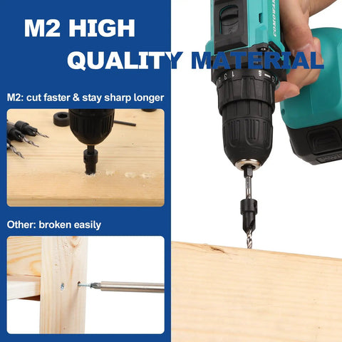 User using Heavy Duty Countersink Drill Bits Set Built Tough For Wood And Metal With Carbide Tips to drill into wood.