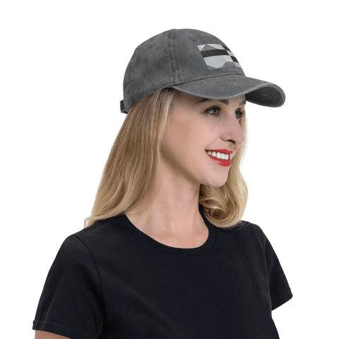 Black And White Piano Grid Print Denim Baseball Cap With Adjustable Metal Buckle Unisex Cotton Snapback Hat worn by woman with long hair