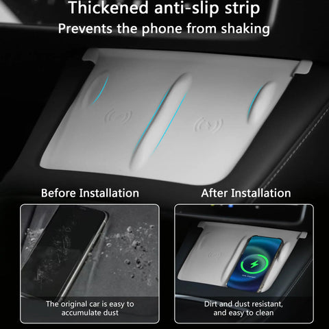 Tesla Center Console 3 Piece Upgrade Kit for Model Y 2021-2024 and Model 3 2021-2023 silicone wireless charger mat installed