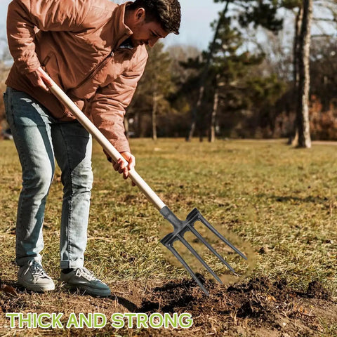 Person using Heavy Duty 11 Inch Four Prong Steel Pitch Fork Replacement Head For Soil Loosening And Ground Prep In Farming And Landscaping Tools