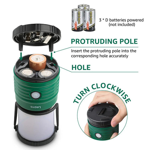 Beast Bright Camping Lantern LED Battery Powered 1500 Lumen, 360 Degree Beam showing battery insertion and closure