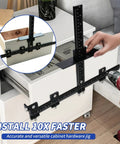 Rock Solid Aluminum Cabinet Handle Jig With Integrated Center Punch For Drawer Pull Layout attached to a drawer for precise drilling.