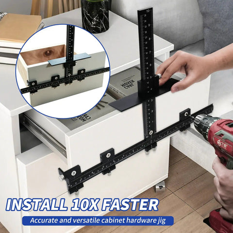Rock Solid Aluminum Cabinet Handle Jig With Integrated Center Punch For Drawer Pull Layout attached to a drawer for precise drilling.