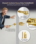 Man installing 88 Pieces Self Drilling Drywall Anchors And Screws Kit, zinc plated steel, showing anchor and screw details.
