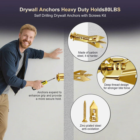 Man installing 88 Pieces Self Drilling Drywall Anchors And Screws Kit, zinc plated steel, showing anchor and screw details.