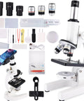 High Power Compound Microscope With 40X To 2500X Magnification For Adults And Kids A Kid Friendly Setup Includes Slides Set And Phone Holder Perfect For Students School Lab Or Home Learning Light White Finish shown with eyepieces, slides, and phone holder.