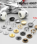 Must Have 400 Piece Metal Snap Buttons Kit With Pliers Press Tool For DIY Clothes Hats Crafts And Sewing 9.5mm Snaps With Convenient Storage Box Ideal For Fabric Projects displayed
