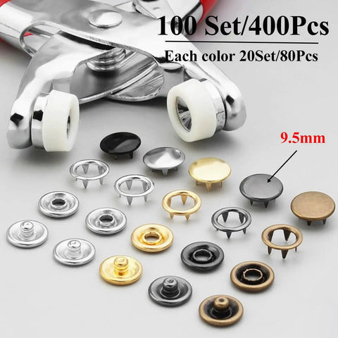 Must Have 400 Piece Metal Snap Buttons Kit With Pliers Press Tool For DIY Clothes Hats Crafts And Sewing 9.5mm Snaps With Convenient Storage Box Ideal For Fabric Projects displayed