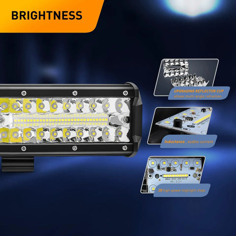 12 Inch 300W Triple Row LED Light Bar Off Road Ready With Spot Flood Combo Beam, Heavy Duty Aluminum Mounting Bracket, Horizontal Bar Tube Clamp, Wiring Harness Included For Truck ATV UTV Golf Cart, Built To Last, 2 Years Warranty, brightness detail