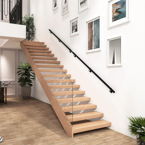 Rock Solid Steel Staircase Handrail Six And A Half Feet Long No Sweat Wall Mount Indoor Safety Railing with Grippy Matte Black Coating.