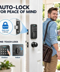 Keyless Entry Door Lock With Smart Knob Set And App Control Generating One Hundred Secure Pin Codes For Family Or Guest Access No Hassle Diy Install And Rock Solid Weather Proof Performance with auto-lock feature on entry door.