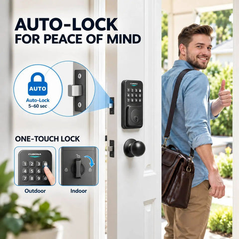 Keyless Entry Door Lock With Smart Knob Set And App Control Generating One Hundred Secure Pin Codes For Family Or Guest Access No Hassle Diy Install And Rock Solid Weather Proof Performance with auto-lock feature on entry door.