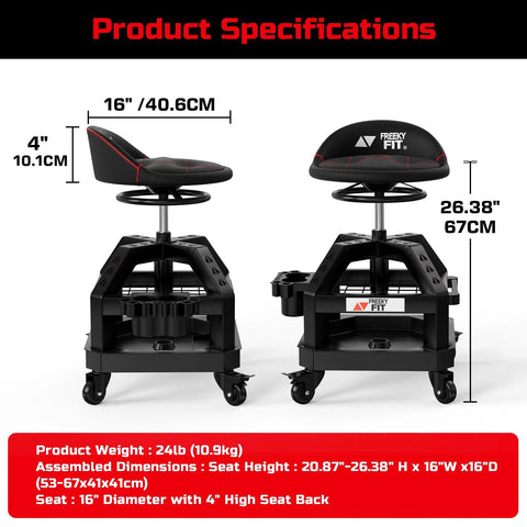 Rolling Shop Stool For Garage With Casters Adjustable Height 360 Degree Swivel Padded Mechanic Stool With Tool Tray Storage