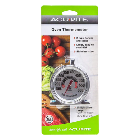 Packaging of Stainless Steel Oven Thermometer 150 to 600 F Leave-In Safe for Oven and Grill, Durable Glass Lens, Integrated Hanging Mount or Upright Base